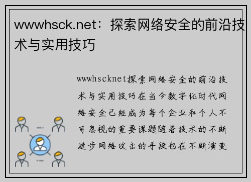 wwwhsck.net：探索网络安全的前沿技术与实用技巧